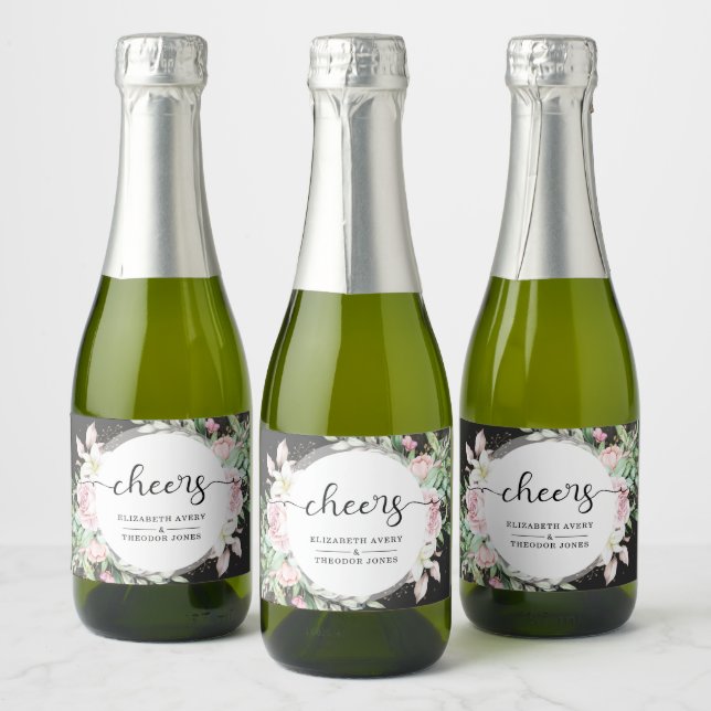 Wedding Floral Black and Pink Elegant Sparkling Wine Label (Bottles)