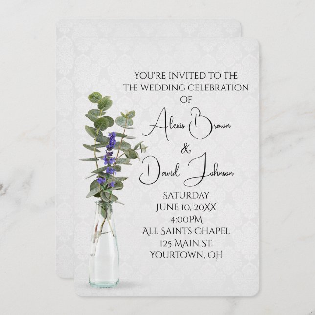 Wedding Floral Bouquet On Damask Invitation (Front/Back)
