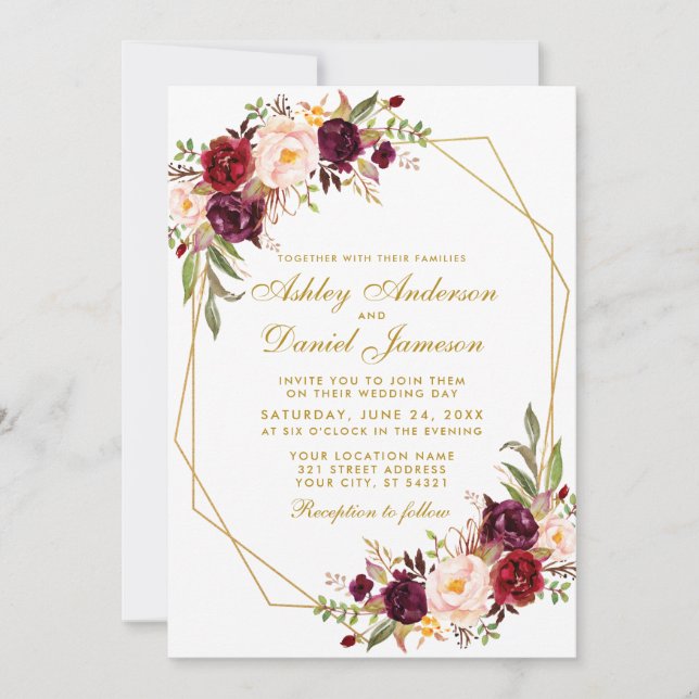 Wedding Floral Burgundy Geometric Frame Gold Invitation (Front)