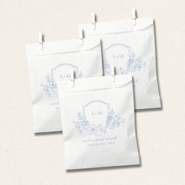Wedding Floral Crest Monogram Dusty Blue Favour Bag (Creator Uploaded)