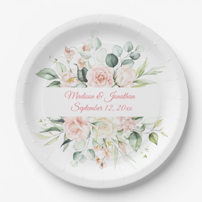 Wedding Floral Elegant Pink Chic Date Script Paper Plate (Front)