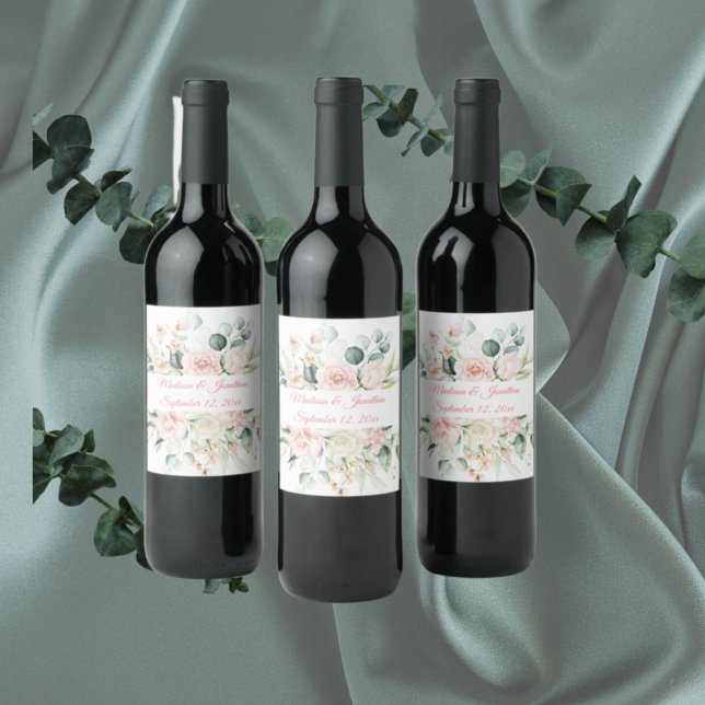 Wedding Floral Elegant Pink Chic Date Script Wine Label (Creator Uploaded)