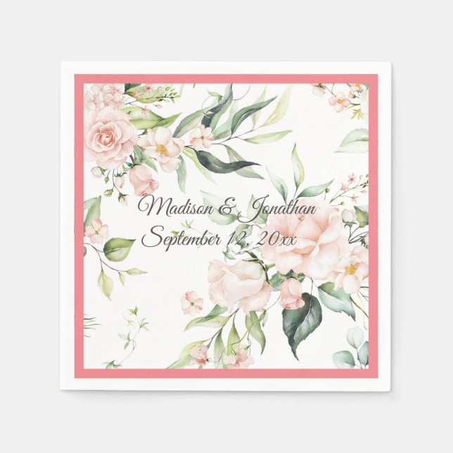 Wedding Floral Elegant Pink Chic Girly Script Name Napkin (Front)