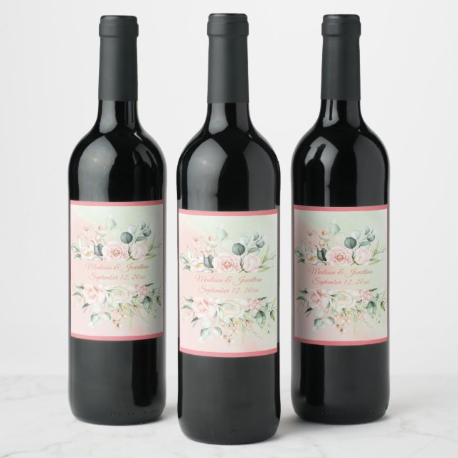 Wedding Floral Elegant Pink Script Personalise Wine Label (Bottles)
