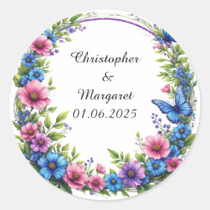 Wedding Floral Frame with Colourful Flowers Classic Round Sticker