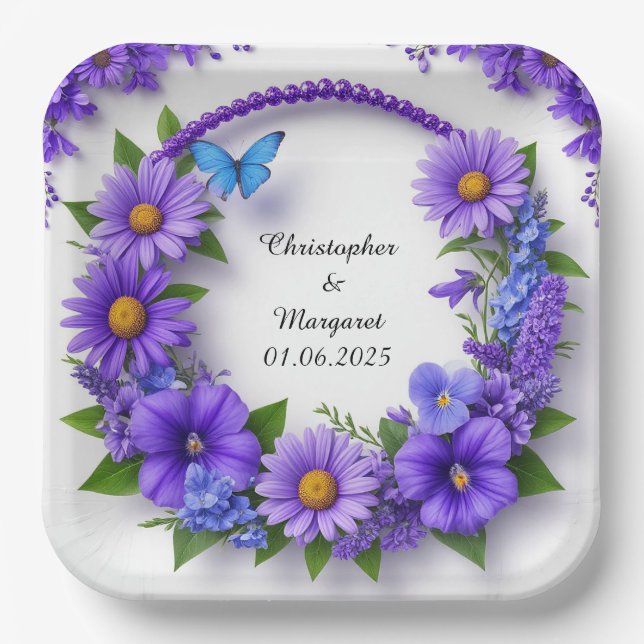 Wedding Floral Frame with Colourful Flowers Paper Plate (Front)