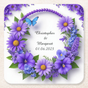 Wedding Floral Frame with Colourful Flowers Square Paper Coaster