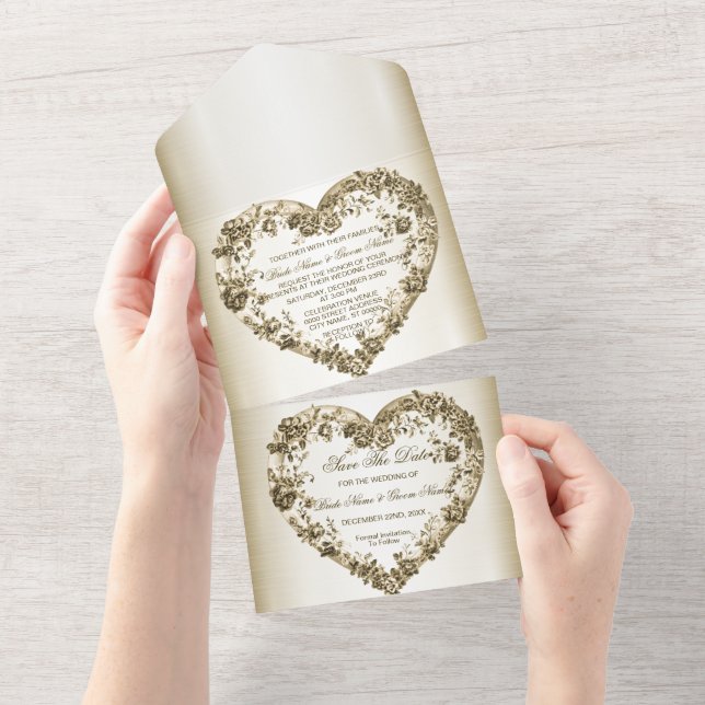 Wedding Floral Golden Ornate Heart Frame Elegant All In One Invitation (Tearaway)