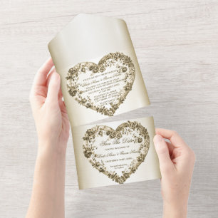 Wedding Floral Golden Ornate Heart Frame Elegant All In One Invitation