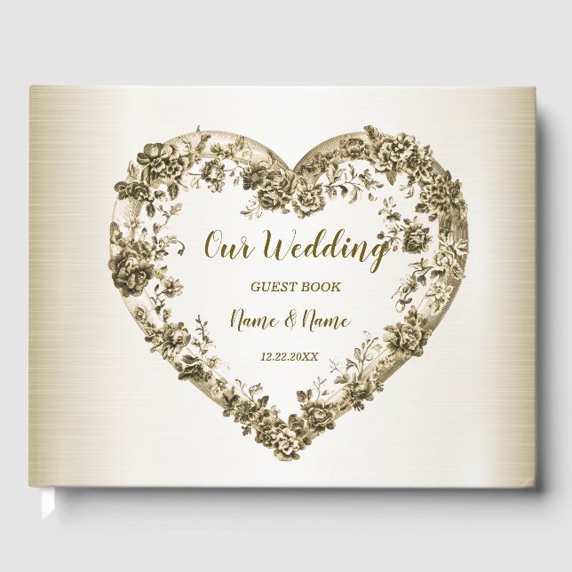Wedding Floral Golden Ornate Heart Frame Elegant Guest Book (Front)