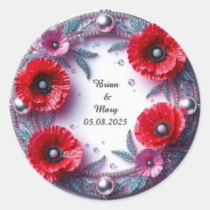 Wedding Floral Ornament With Red Flowers Classic Round Sticker