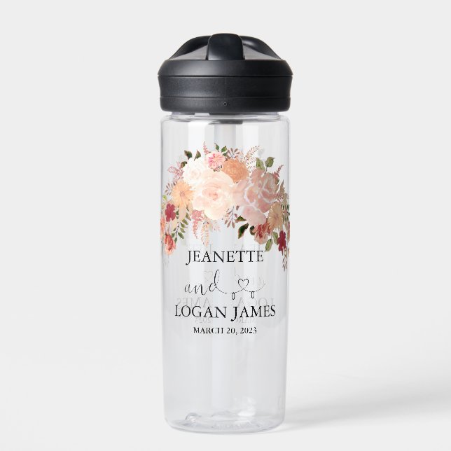 Wedding Floral Peach Flower Watercolor Favour   Water Bottle (Front)