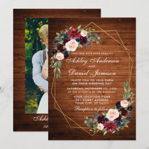 Wedding Floral Rustic Wood Geometric Gold Photo Invitation