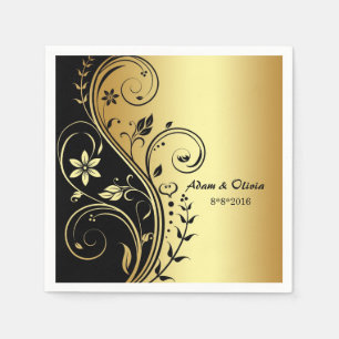Wedding Floral Scroll Black Gold Napkin