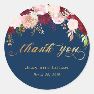 Wedding Floral Thank You Gold Navy Burgundy Classic Round Sticker