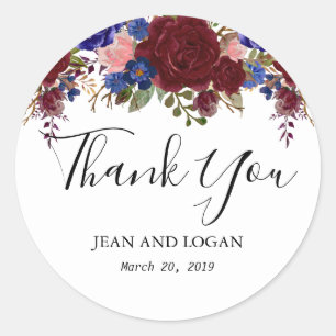 Wedding Floral Thank You Navy Burgundy Classic Round Sticker