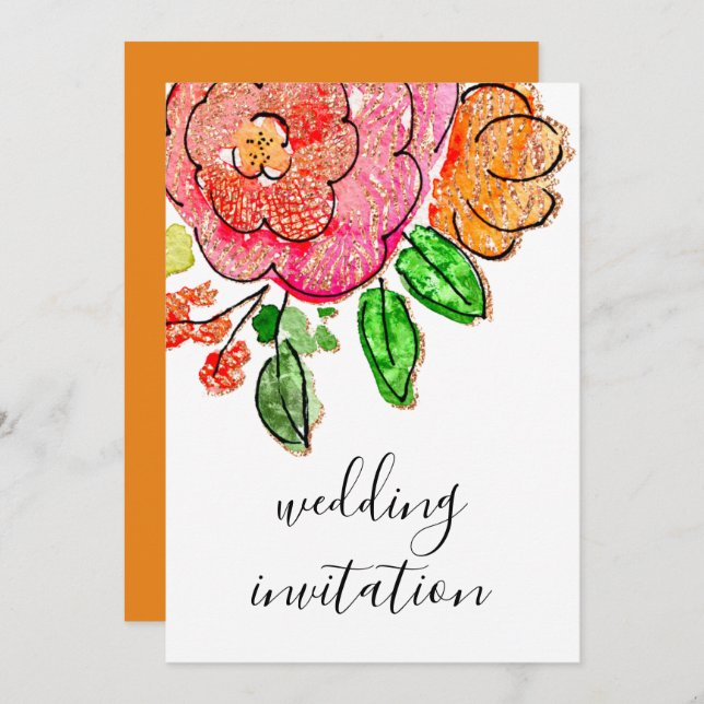 Wedding Floral Watercolor Orange Rose Glitter Invitation (Front/Back)
