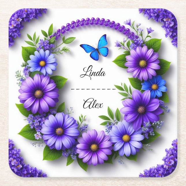 Wedding Floral Wreath Square Paper Coaster (Front)