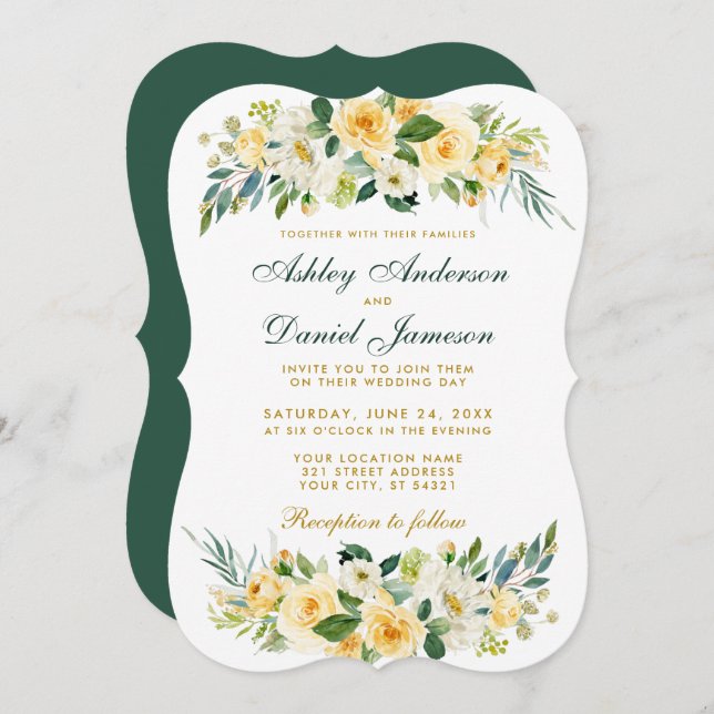 Wedding Floral Yellow Gold White Green Invitation (Front/Back)