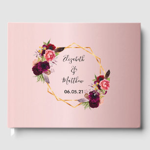 Wedding florals burgundy blush pink gold geometric guest book