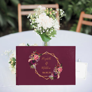 Wedding florals burgundy gold geometric guest book