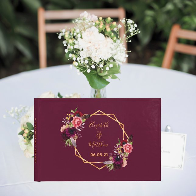 Wedding florals burgundy gold geometric guest book (Creator Uploaded)