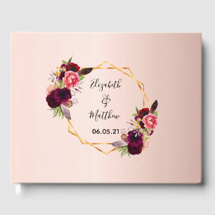 Wedding florals rose gold geometric burgundy guest book