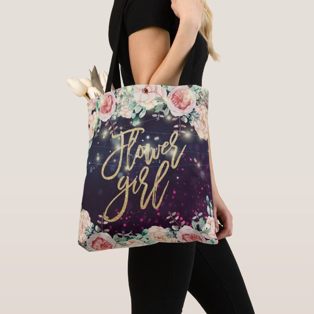 Wedding Flower Girl Floral Purple Sparkle Lights Tote Bag (Close Up)