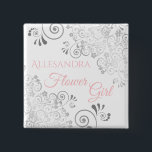 Wedding Flower Girl Name Tag Pink & Grey Frills 15 Cm Square Badge<br><div class="desc">Identify the key players at your bridal shower, wedding or rehearsal dinner with our elegant, Pink & Grey buttons. Designed to coordinate with our Pink & Grey Elegant Wedding Suite, this button features a Silver faux foil flourish on a white background with pink text reading Flower Girl and a place...</div>
