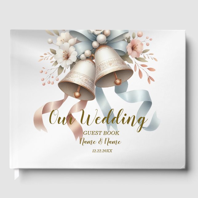 Wedding Flowers Bells Pink Blue Ribbons Beautiful  Guest Book (Front)