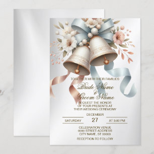 Wedding Flowers Bells Pink Blue Ribbons Beautiful Invitation
