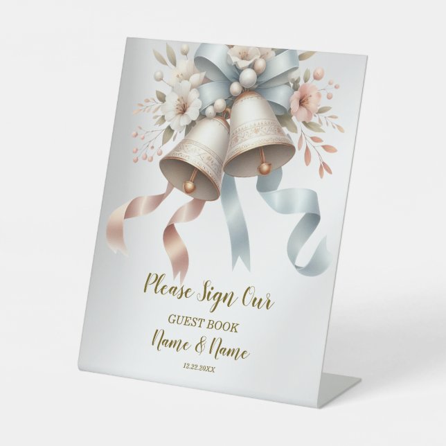 Wedding Flowers Bells Pink Blue Ribbons Beautiful  Pedestal Sign (Front)
