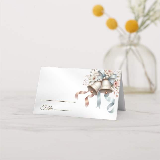 Wedding Flowers Bells Pink Blue Ribbons Beautiful Place Card (Front)