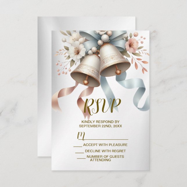 Wedding Flowers Bells Pink Blue Ribbons Beautiful RSVP Card (Front/Back)