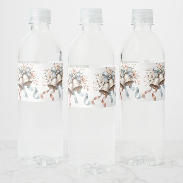 Wedding Flowers Bells Pink Blue Ribbons Beautiful  Water Bottle Label (Bottles)