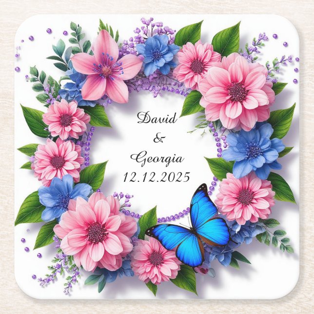 Wedding Flowers Circular Frame Square Paper Coaster (Front)