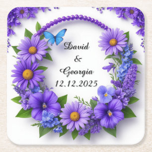 Wedding Flowers Circular Frame Square Paper Coaster