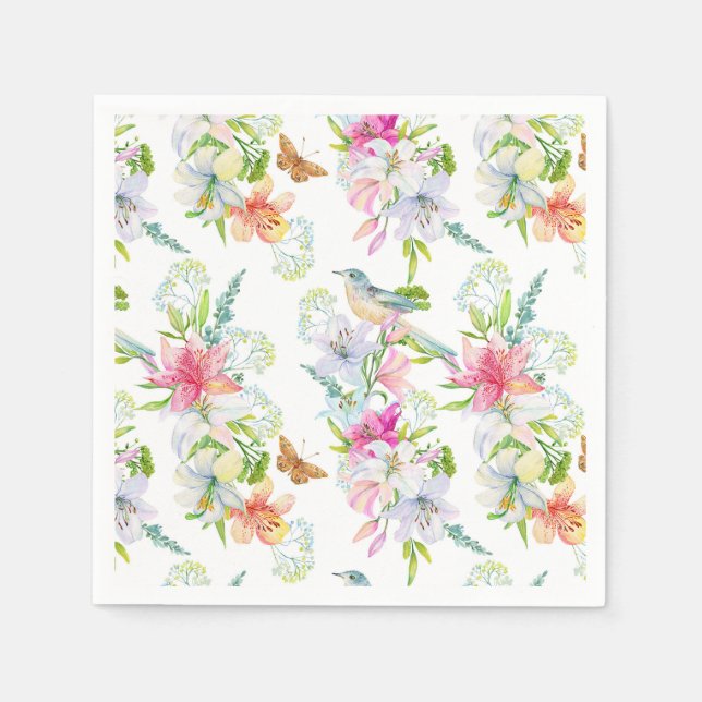 Wedding Flowers Lilies and Birds Watercolor Napkin (Front)