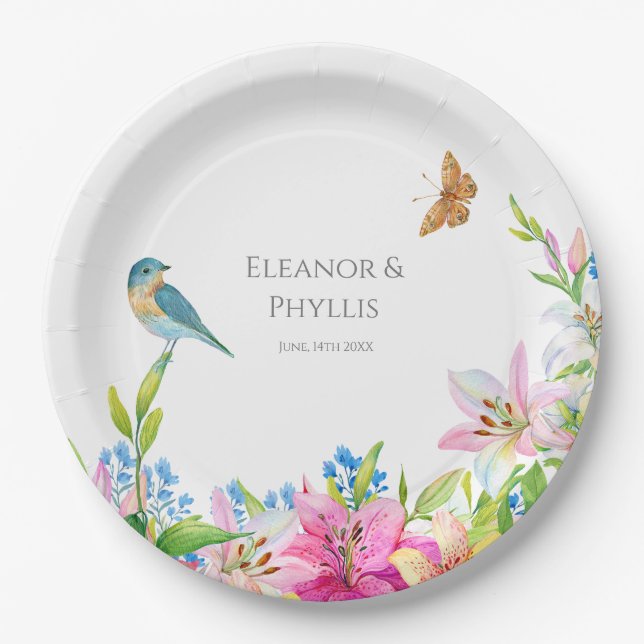 Wedding Flowers Lilies and Birds Watercolor Paper Plate (Front)