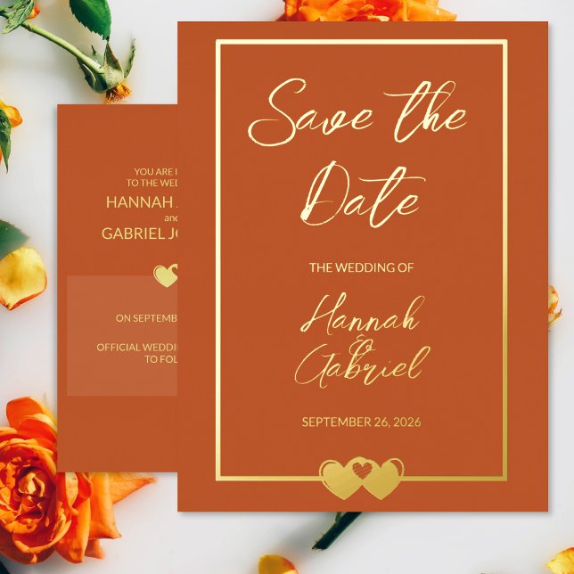 Wedding Foil Save the Date Terracotta Postcard (The front and back of the Terracotta Gold Wedding Save the Date Postcard)