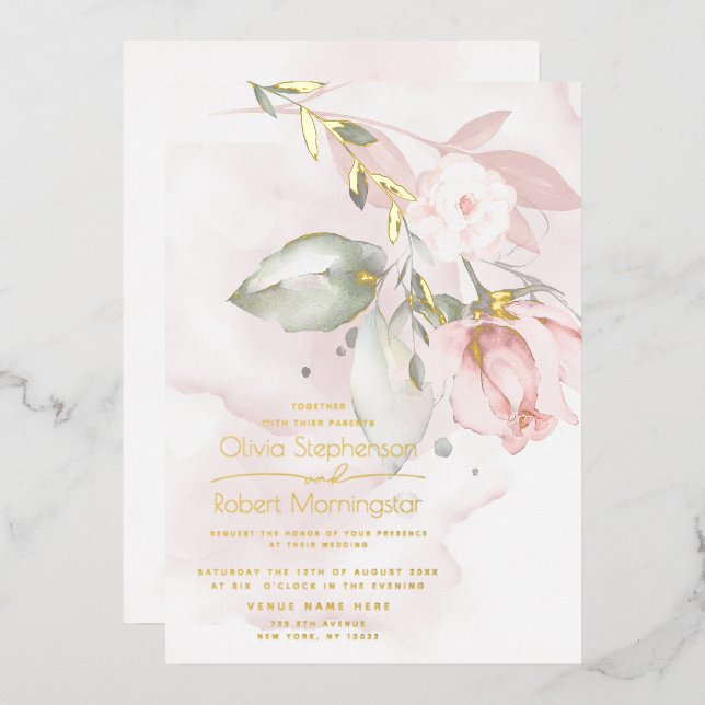 WEDDING  | Foil Woodland Blush Pink Rose (Front/Back)
