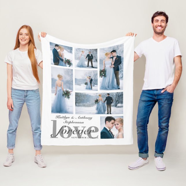 Wedding FOREVER LOVE 7 Photo Collage Custom Colour Fleece Blanket (In Situ)