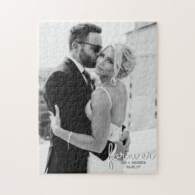 Wedding Forever Names Date Photo Black and White Jigsaw Puzzle (Vertical)