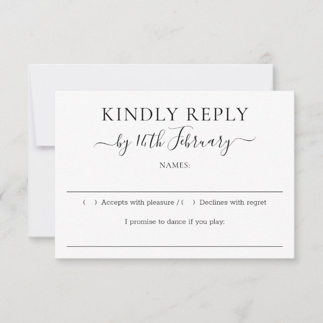 Wedding Formal Black Kindly Reply RSVP Card (Front)