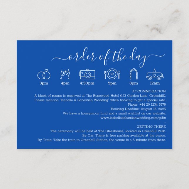 Wedding Formal Cobalt Blue Detail Order Of The Day Enclosure Card (Front)