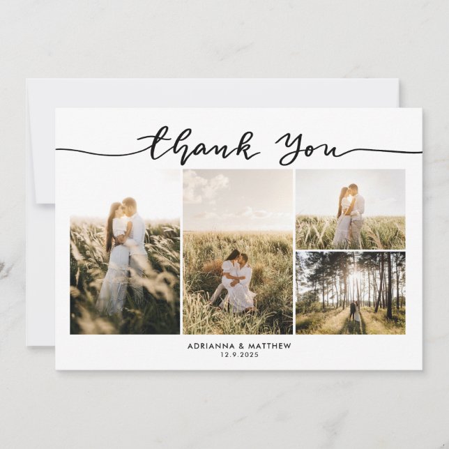 Wedding Four Photos Elegant Thank You Script Card (Front)