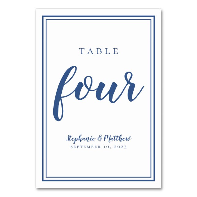 Wedding Four Simple Blue & White Dinner Guest Table Number (Front)