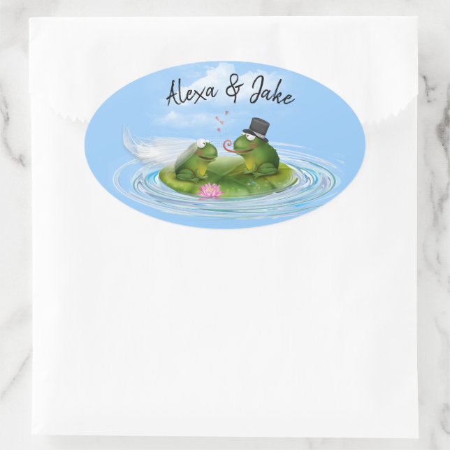 Wedding Frogs on Lily Pad Oval Sticker (Bag)