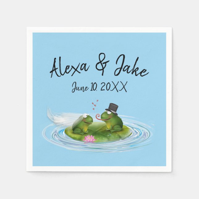 Wedding Frogs on Lily Pad with Hearts Napkin (Front)