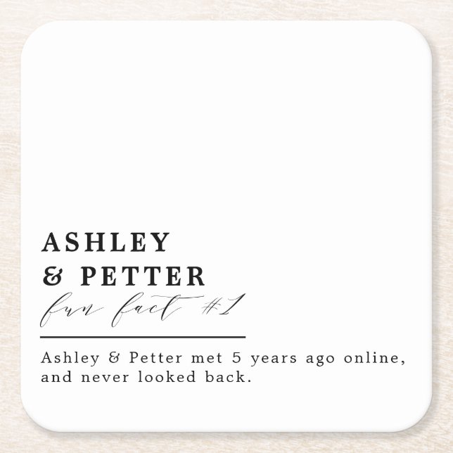 Wedding Fun Facts About the Couple Classic Script Square Paper Coaster (Front)